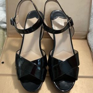 PRADA Patent Leather Black Criss Cross Strap Cork Wedge Sandals